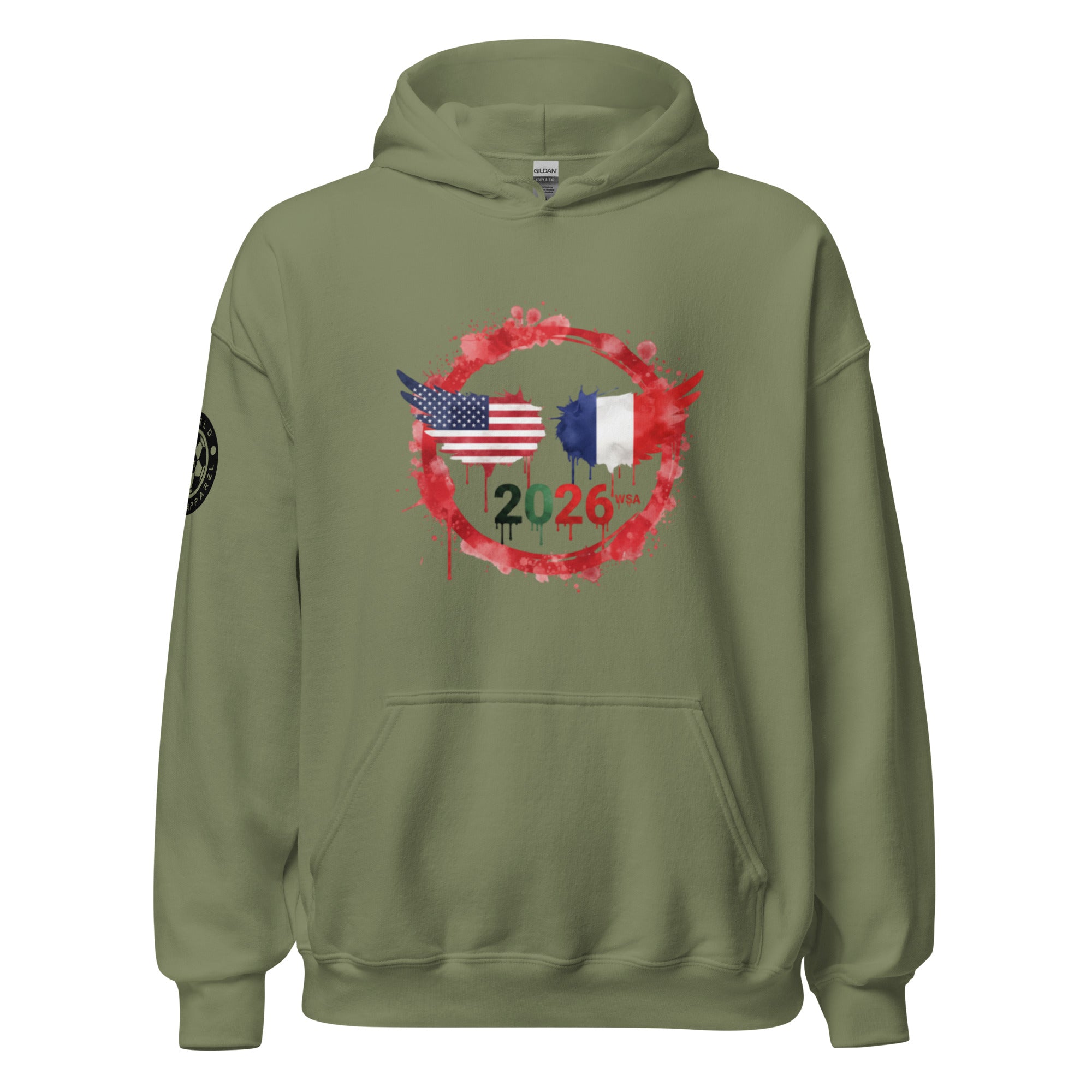 Green hoodie with 2026 design featuring American and French flags on a white background