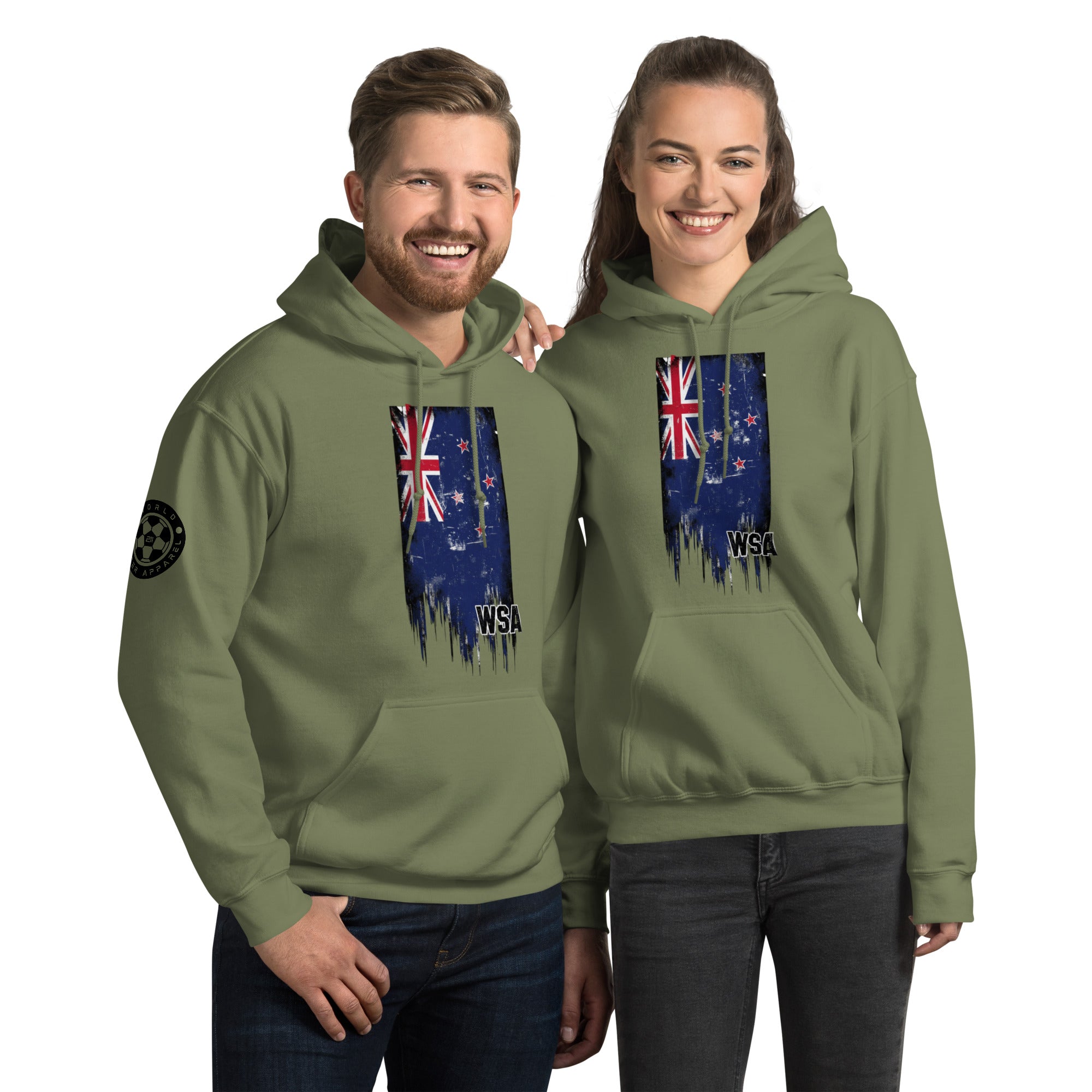 Two people wearing green hoodies with a flag design on a white background