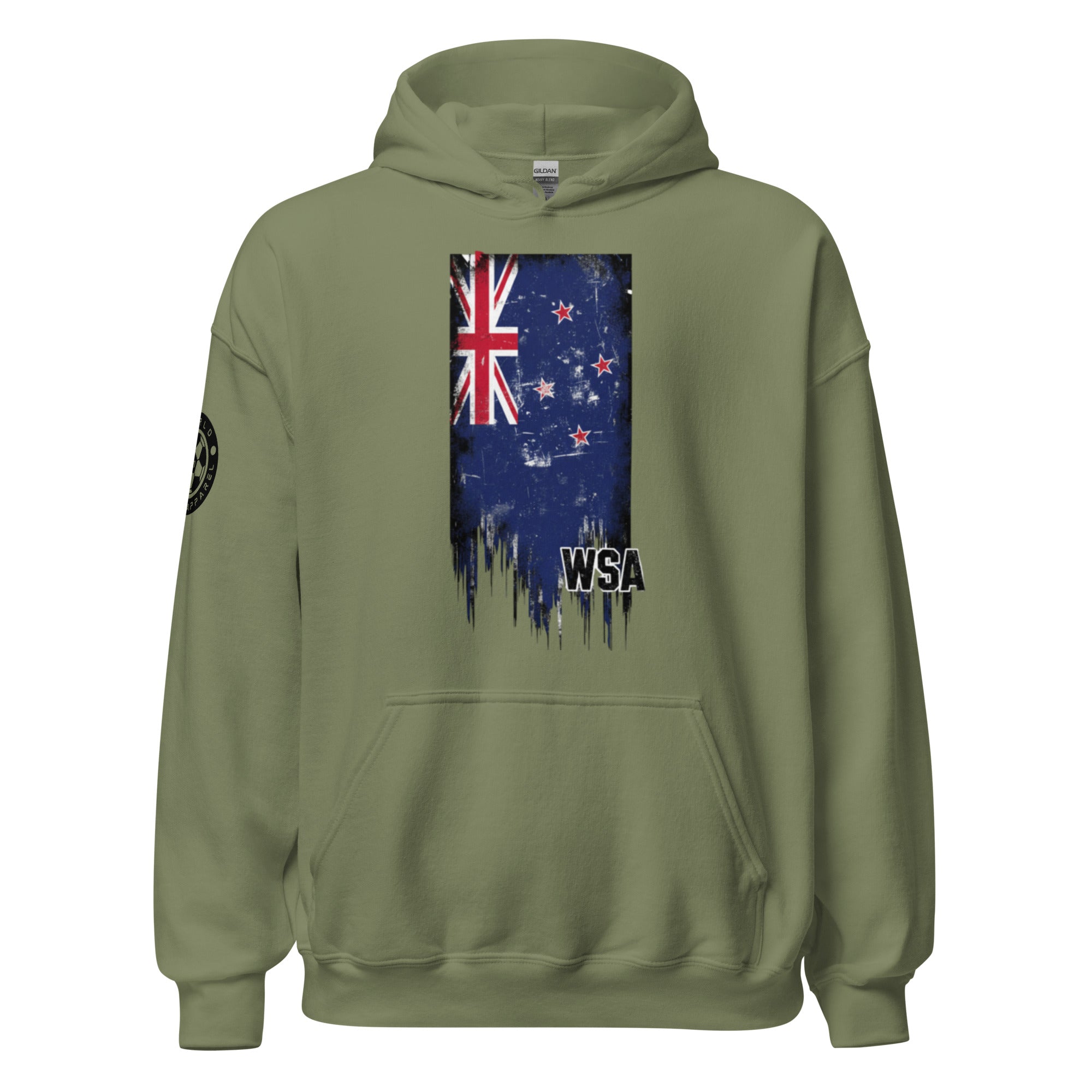 Green hoodie with a New Zealand flag design on the back against a white background