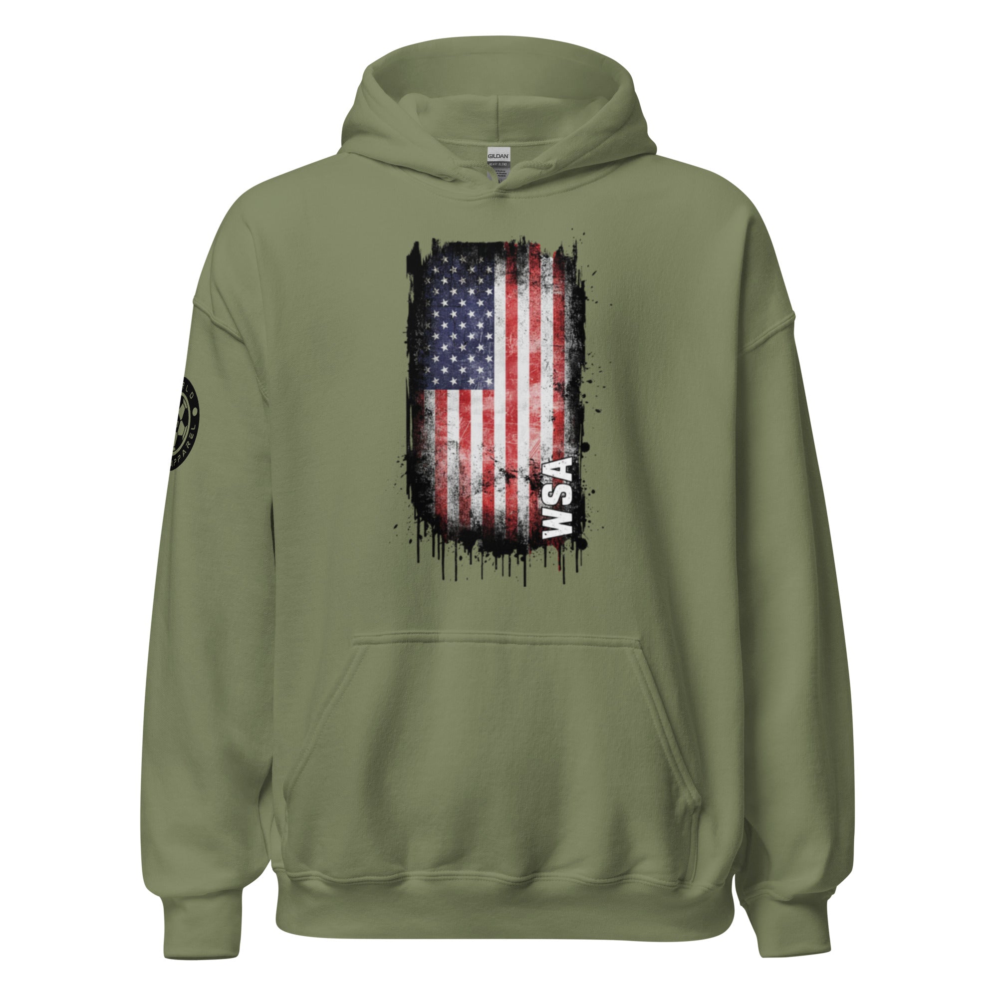 Green hoodie with American flag design on a white background