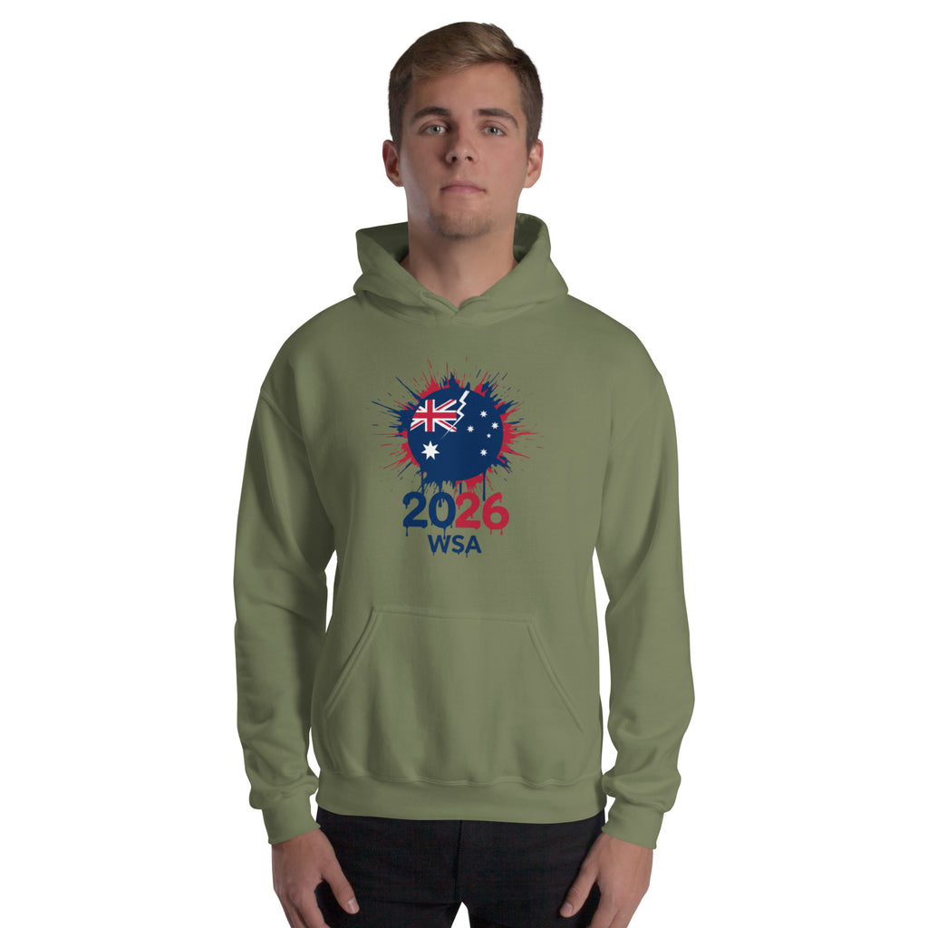 Person wearing a green hoodie with an Australian flag and '2026 WSA' text on a white background
