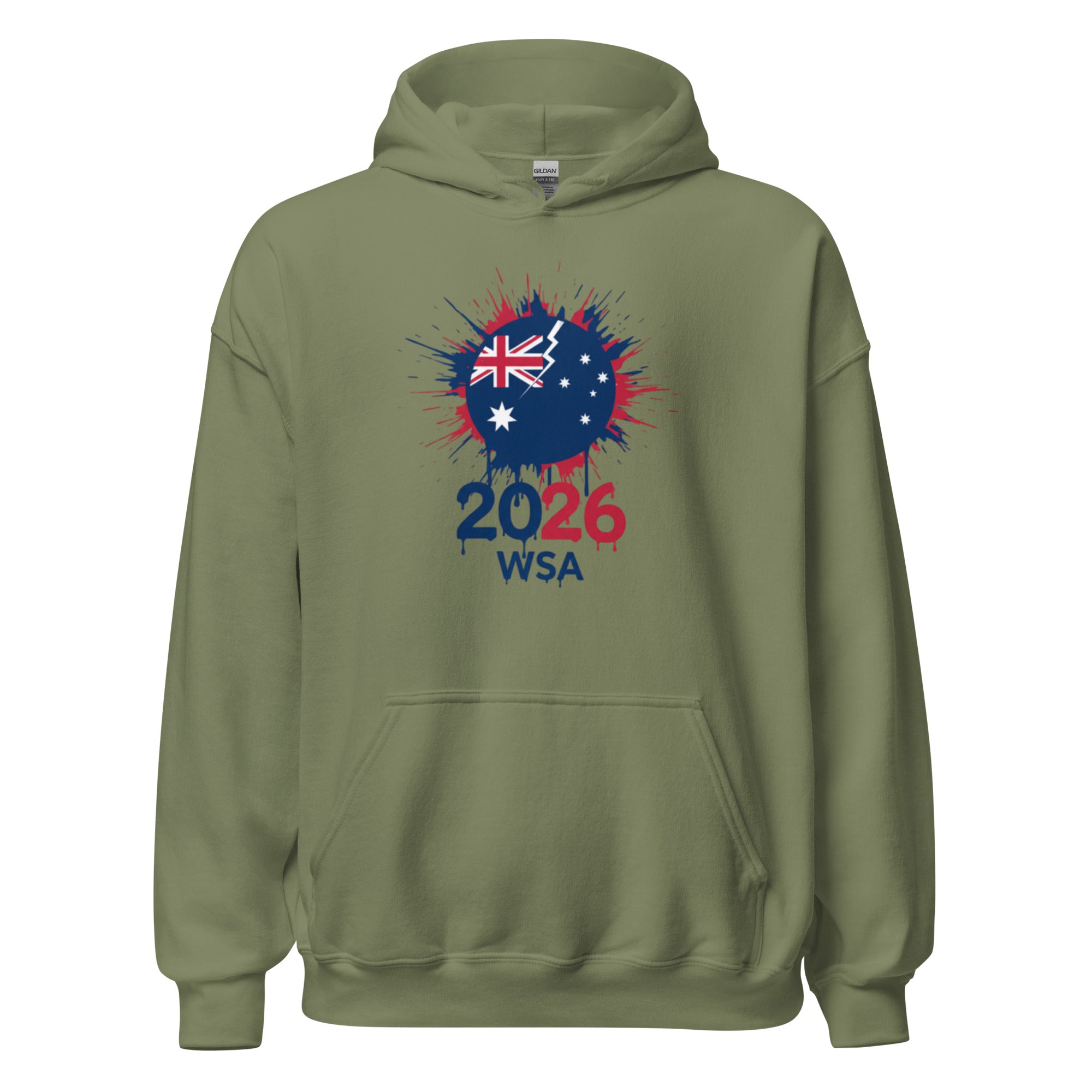 Green hoodie with Australian flag design and '2026 WSA' text on a white background