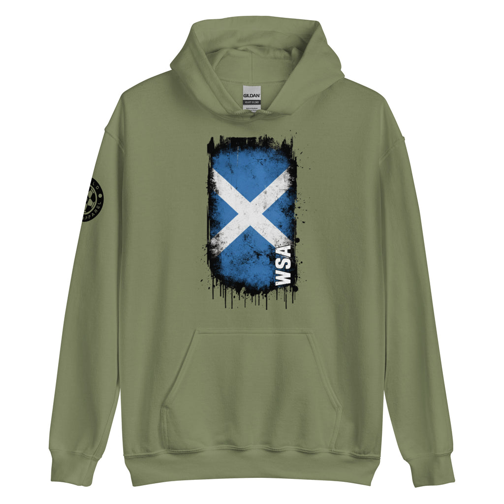 Green hoodie with a Scottish flag design on a white background