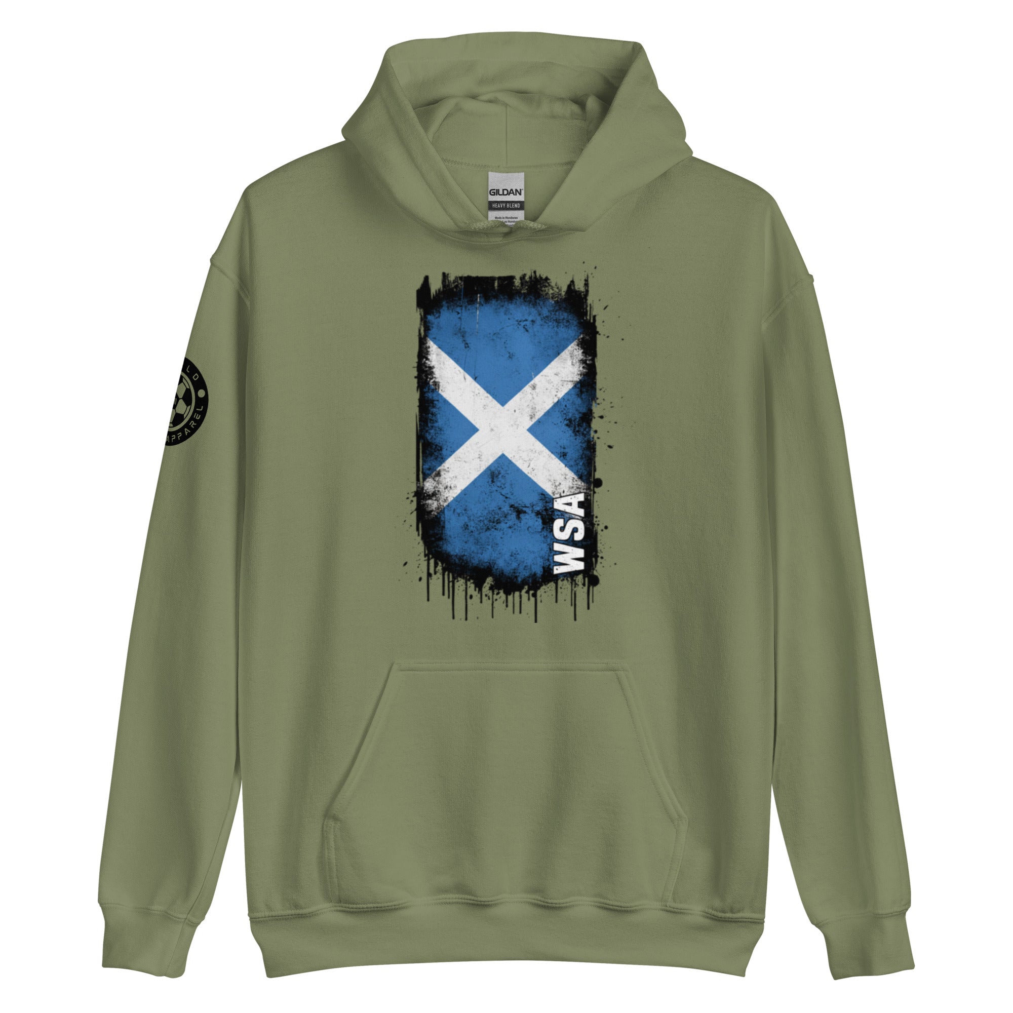 Green hoodie with a Scottish flag design on a white background