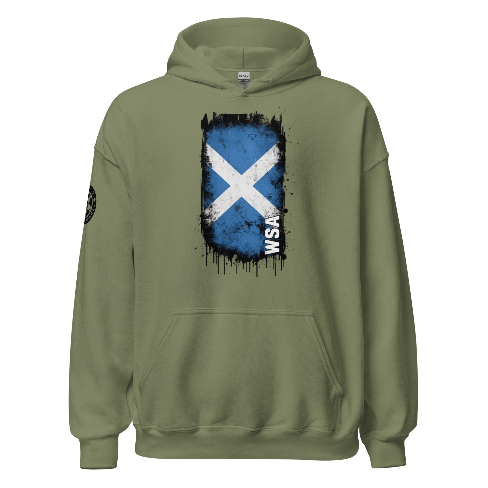 Green hoodie with a saltire design on the chest against a white background