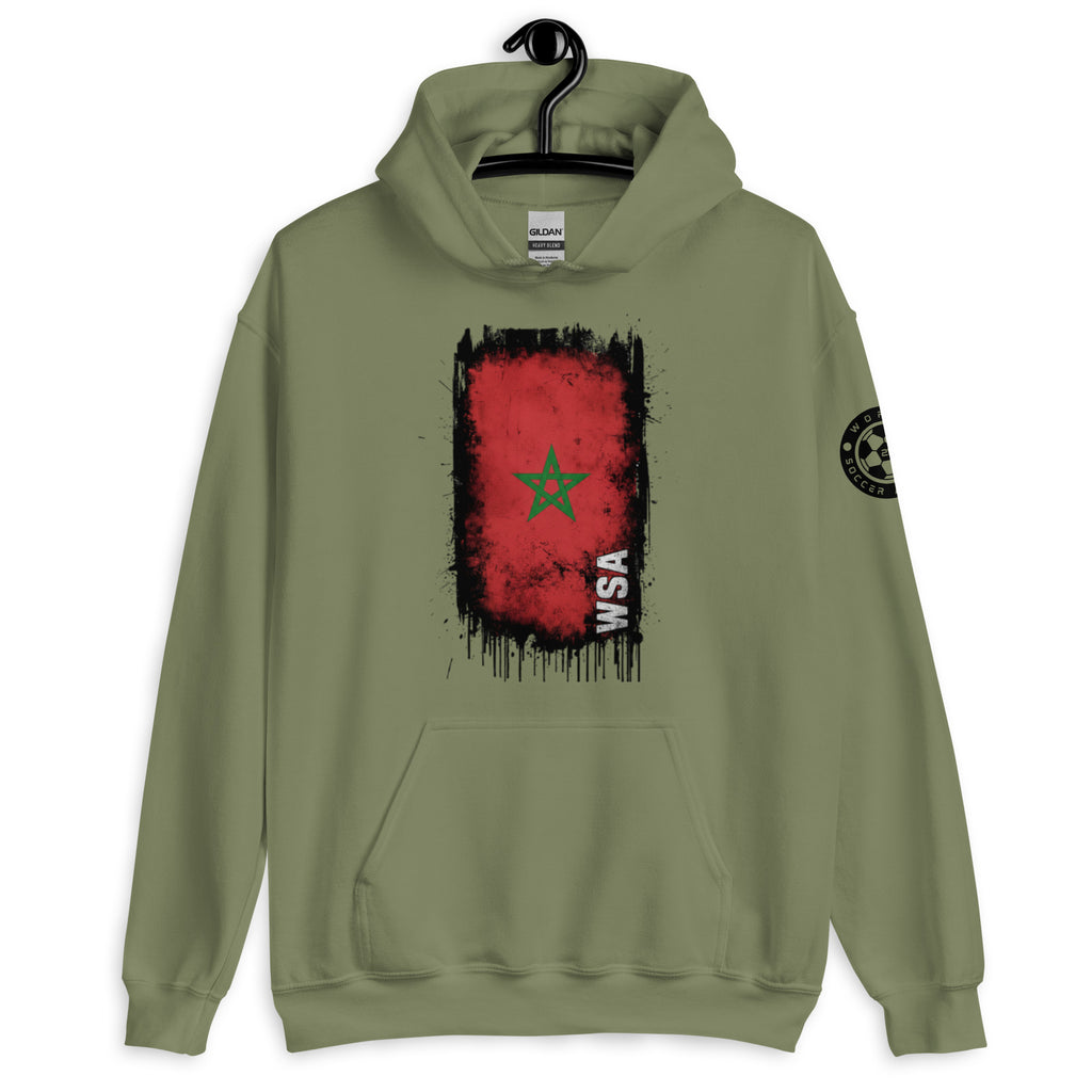 Green hoodie with a flag design on a hanger against a white background