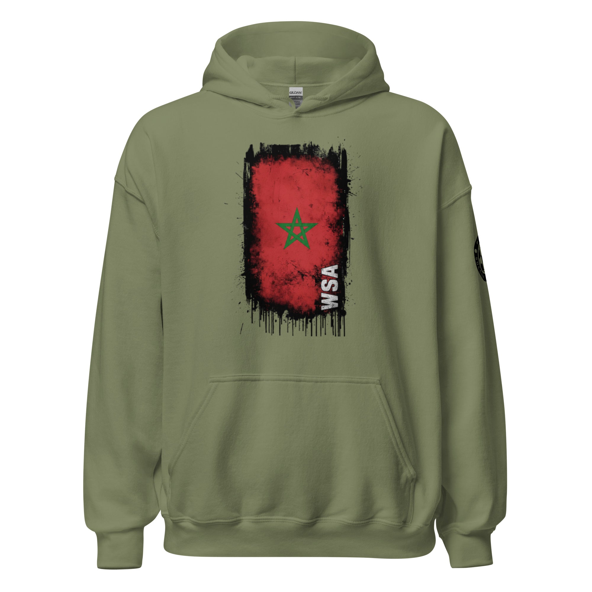Green hoodie with a red and black flag design on the back against a white background