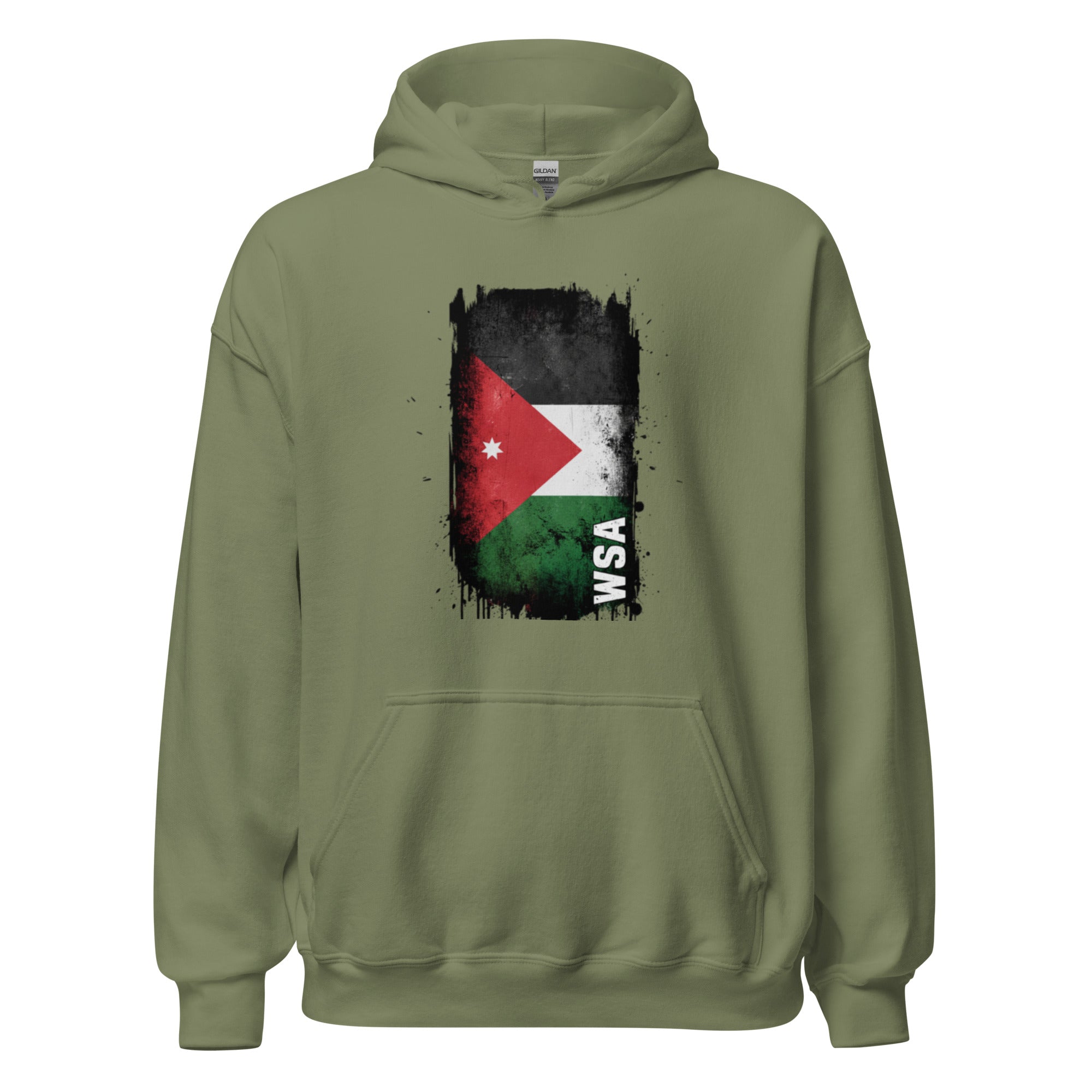 Green hoodie with a flag design on the chest against a white background