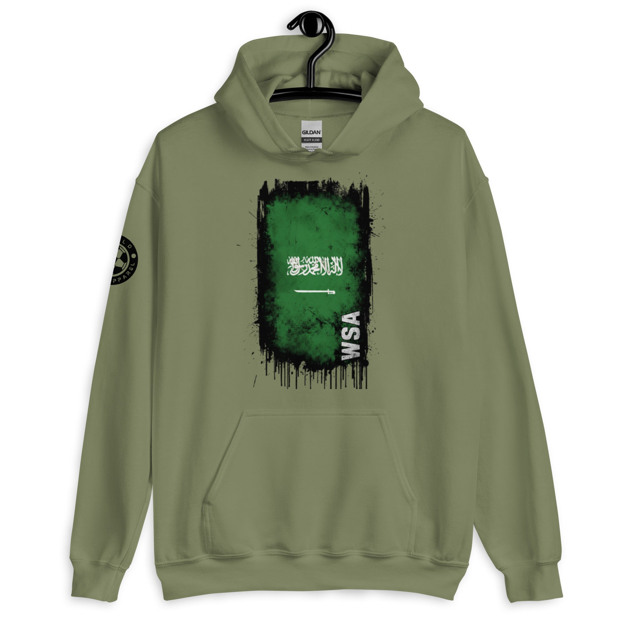 Green hoodie with a graphic design on a white background