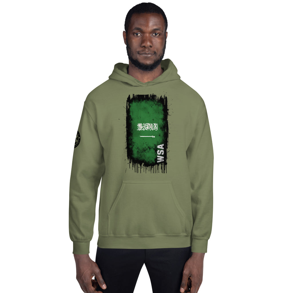 Person wearing a green hoodie with a graphic design on a white background