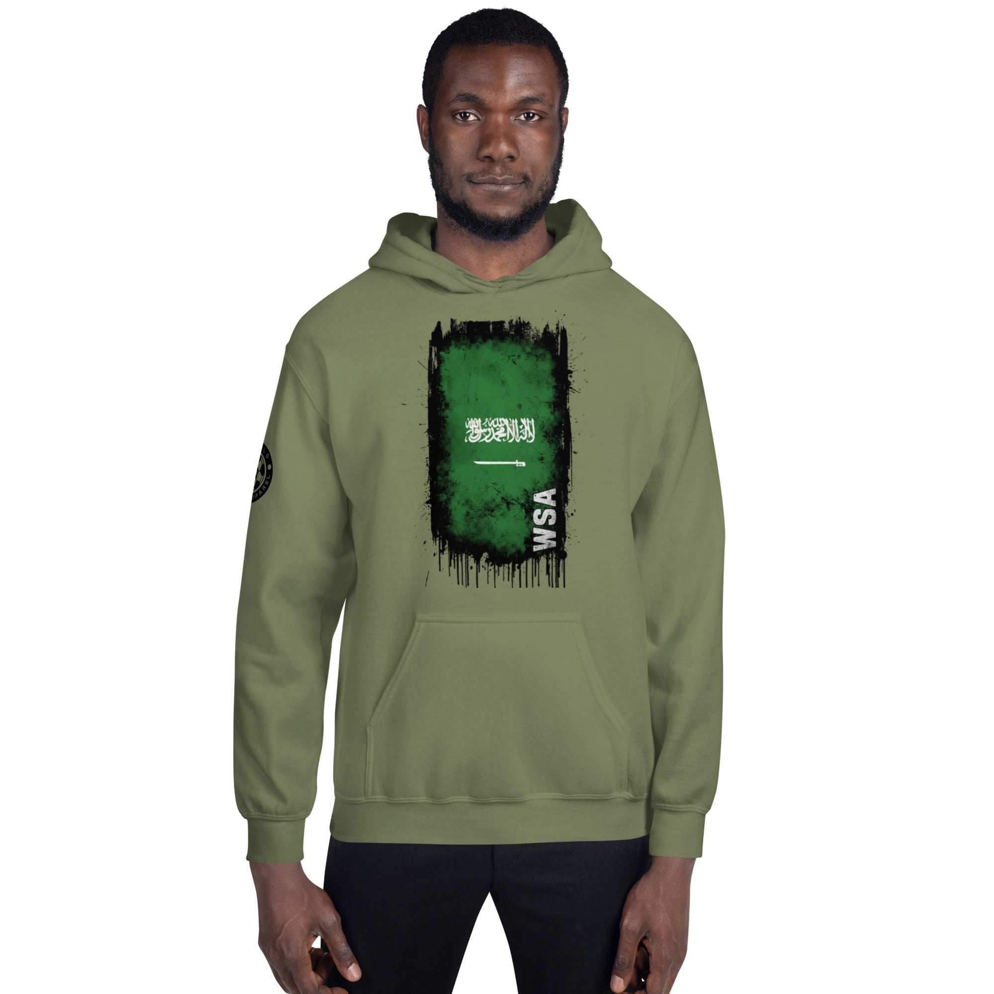 Person wearing a green hoodie with a graphic design on a white background