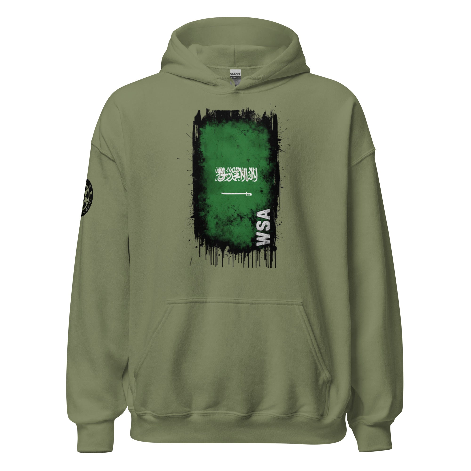 Green hoodie with a graphic design on the chest against a white background