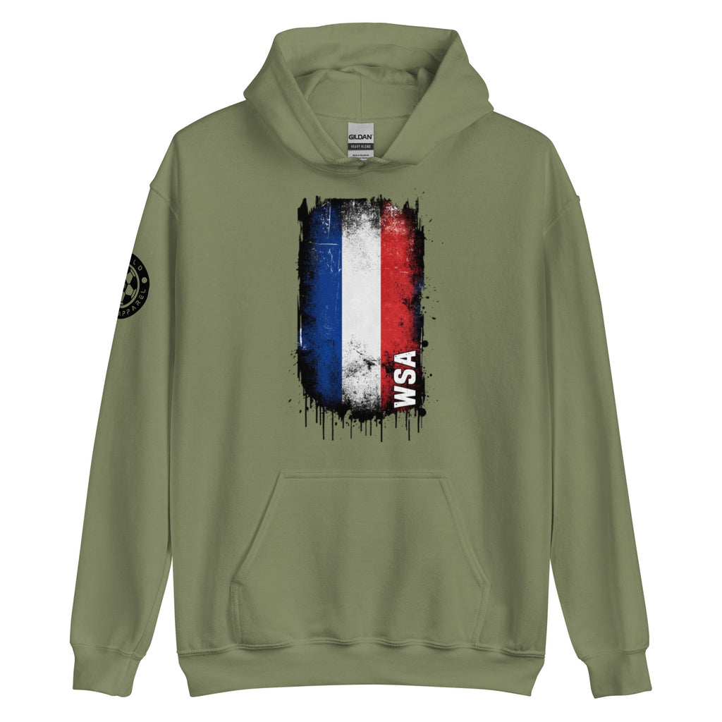 Green hoodie with a colorful graphic design on a white background