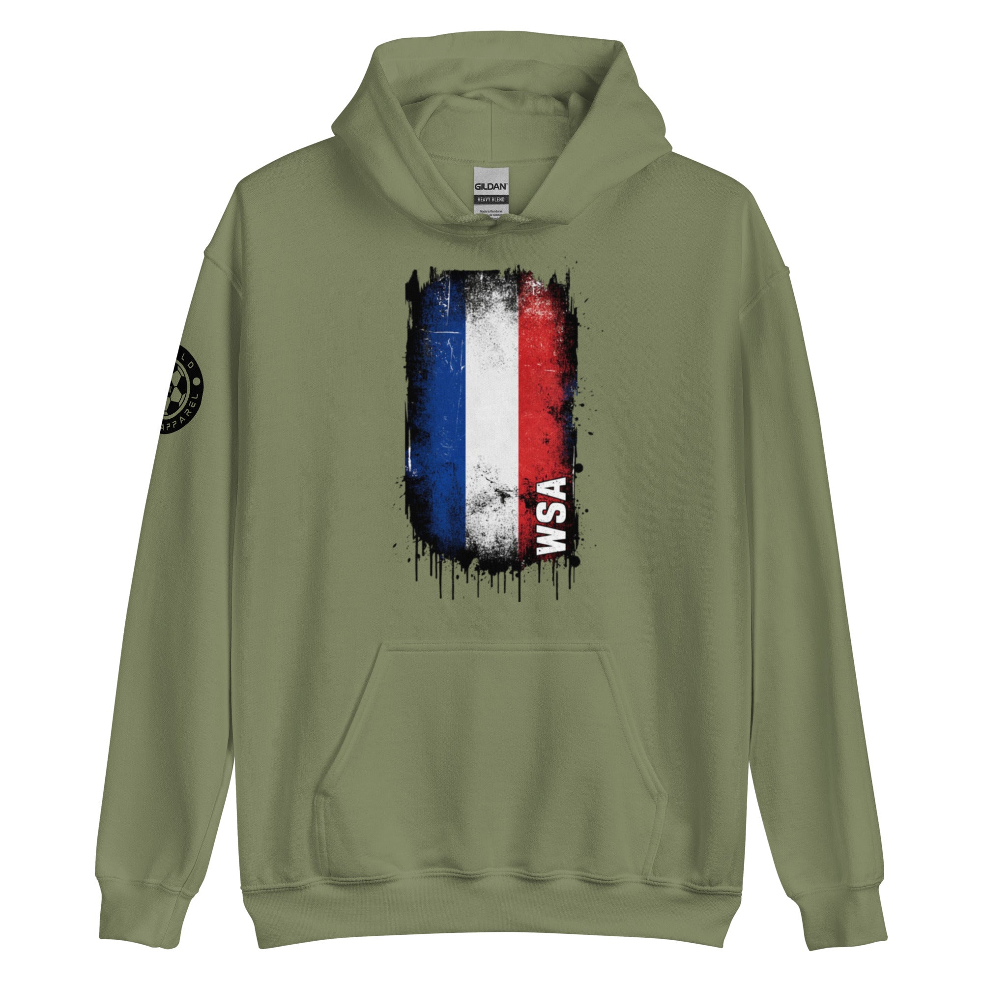 Green hoodie with a colorful graphic design on a white background