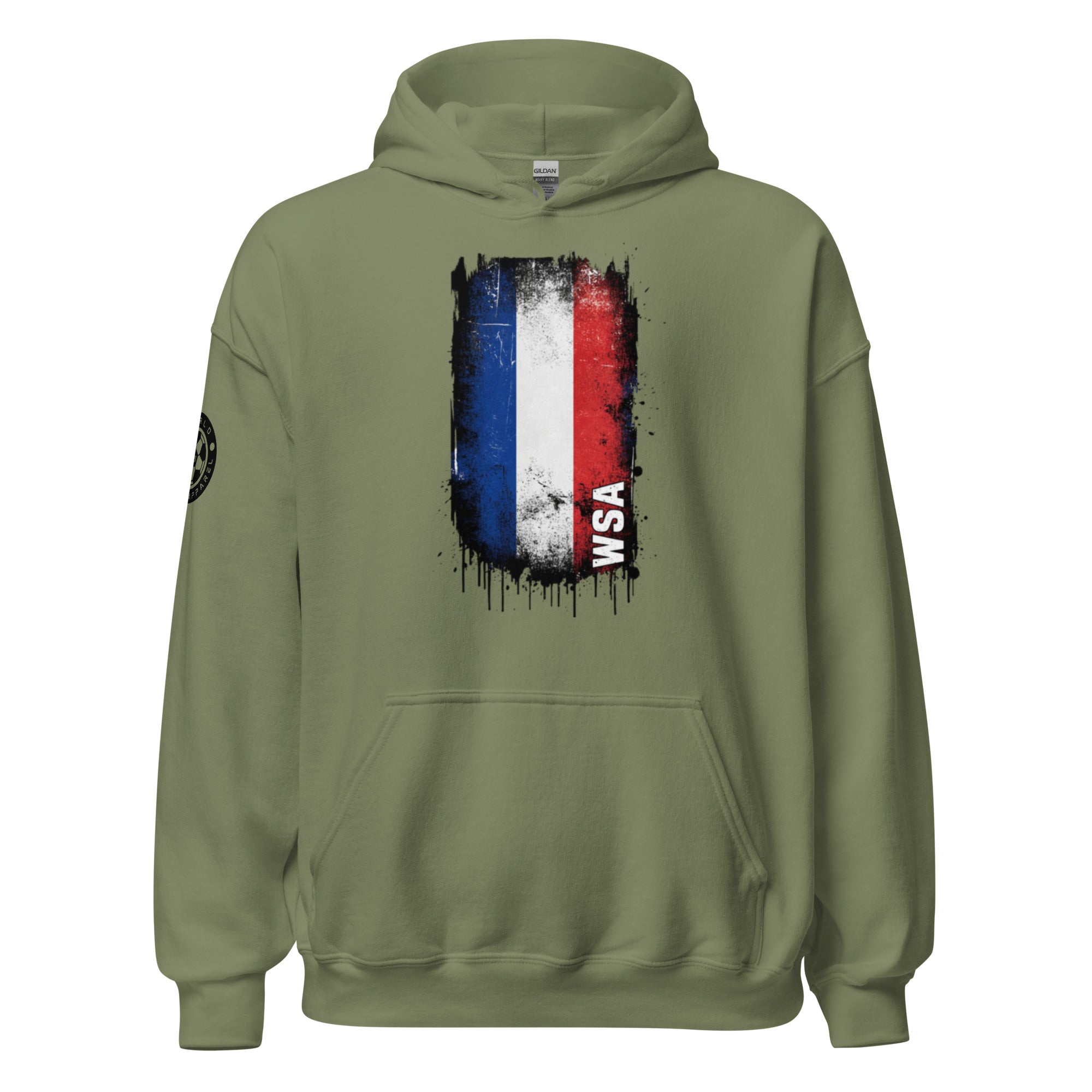Green hoodie with a colorful graphic on the back against a white background