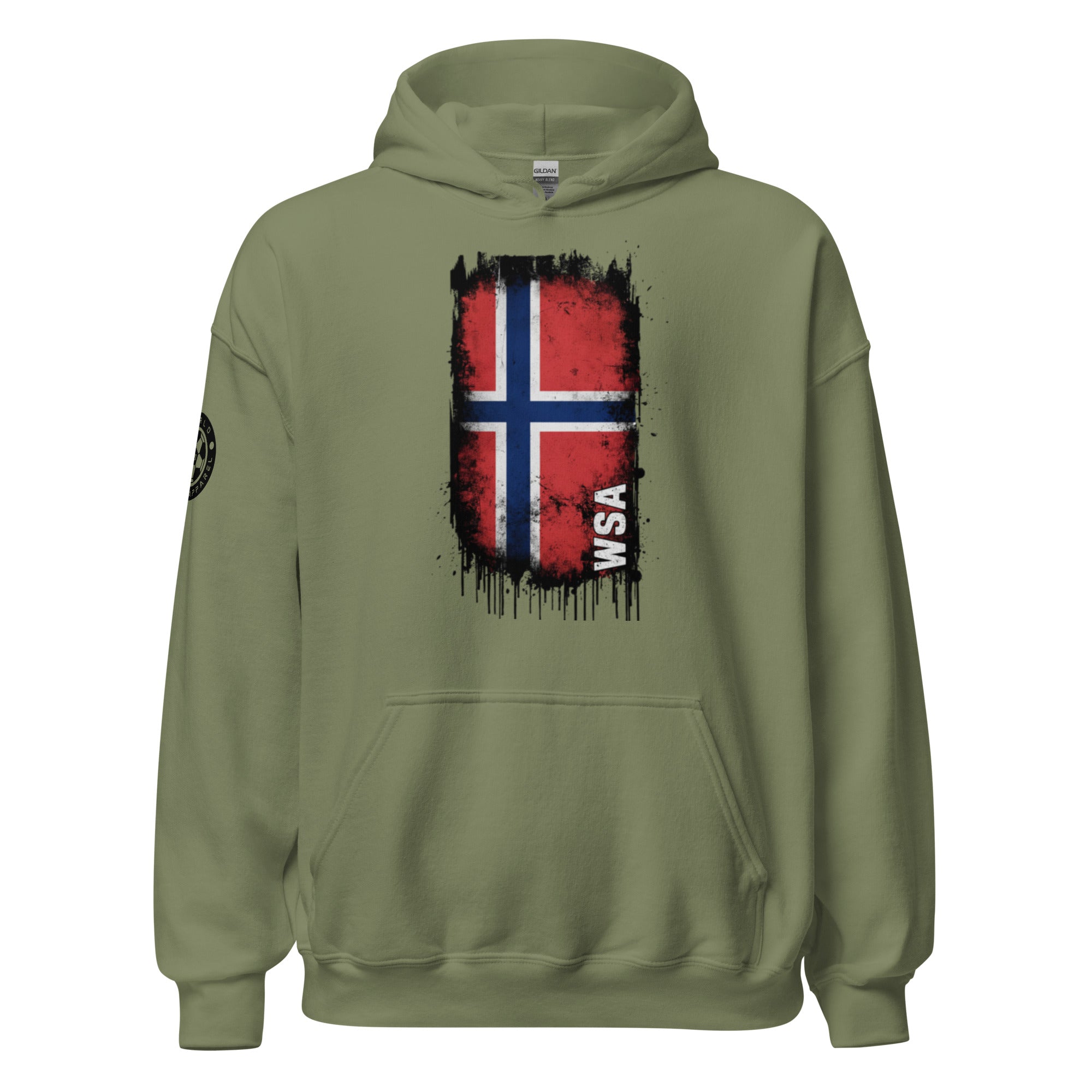 Green hoodie with a red and white flag design on the back against a white background