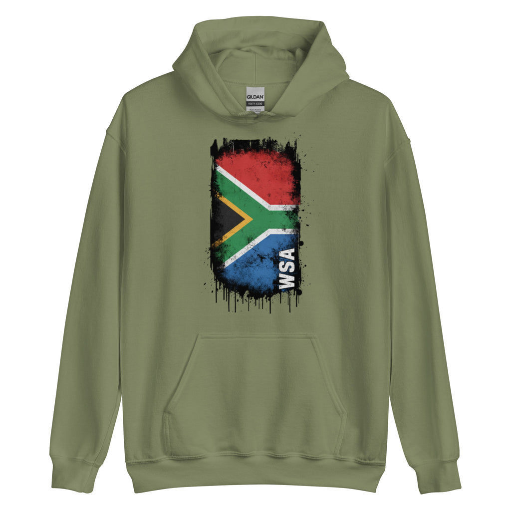 Green hoodie with South African flag design on a white background