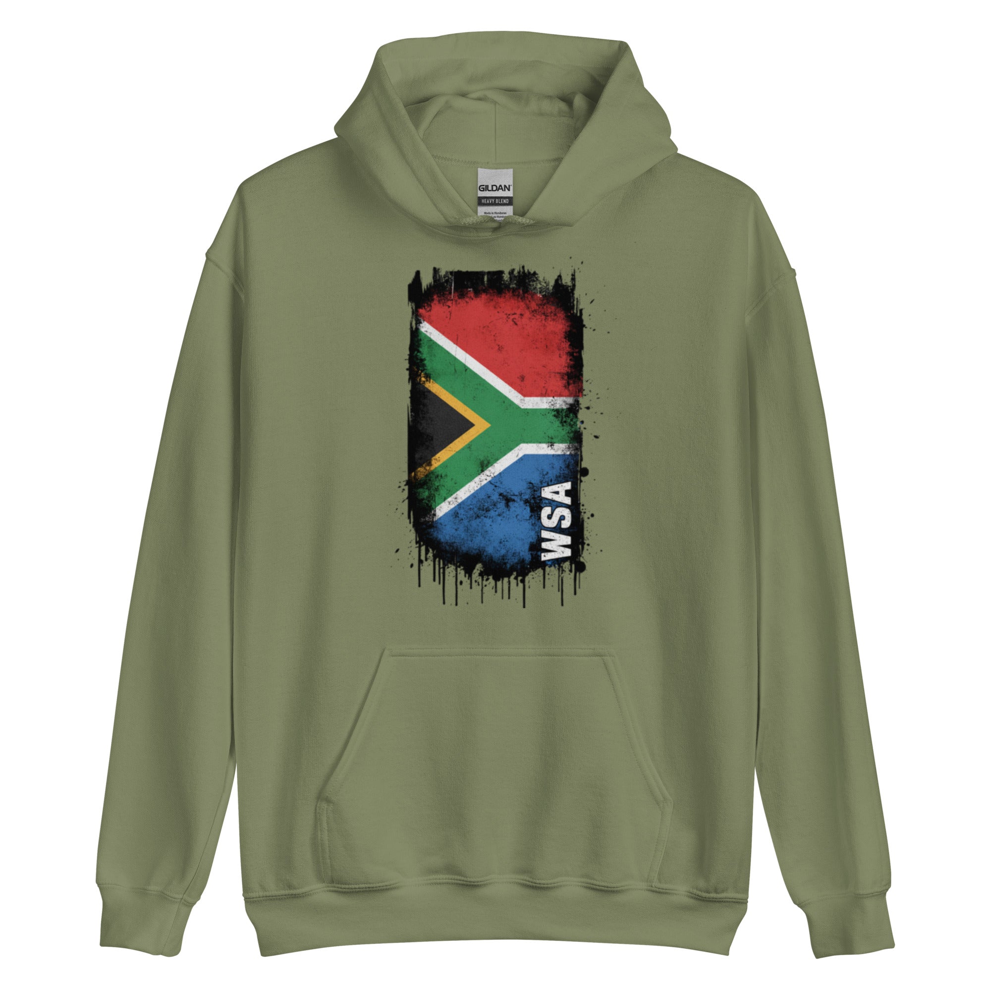 Green hoodie with South African flag design on a white background