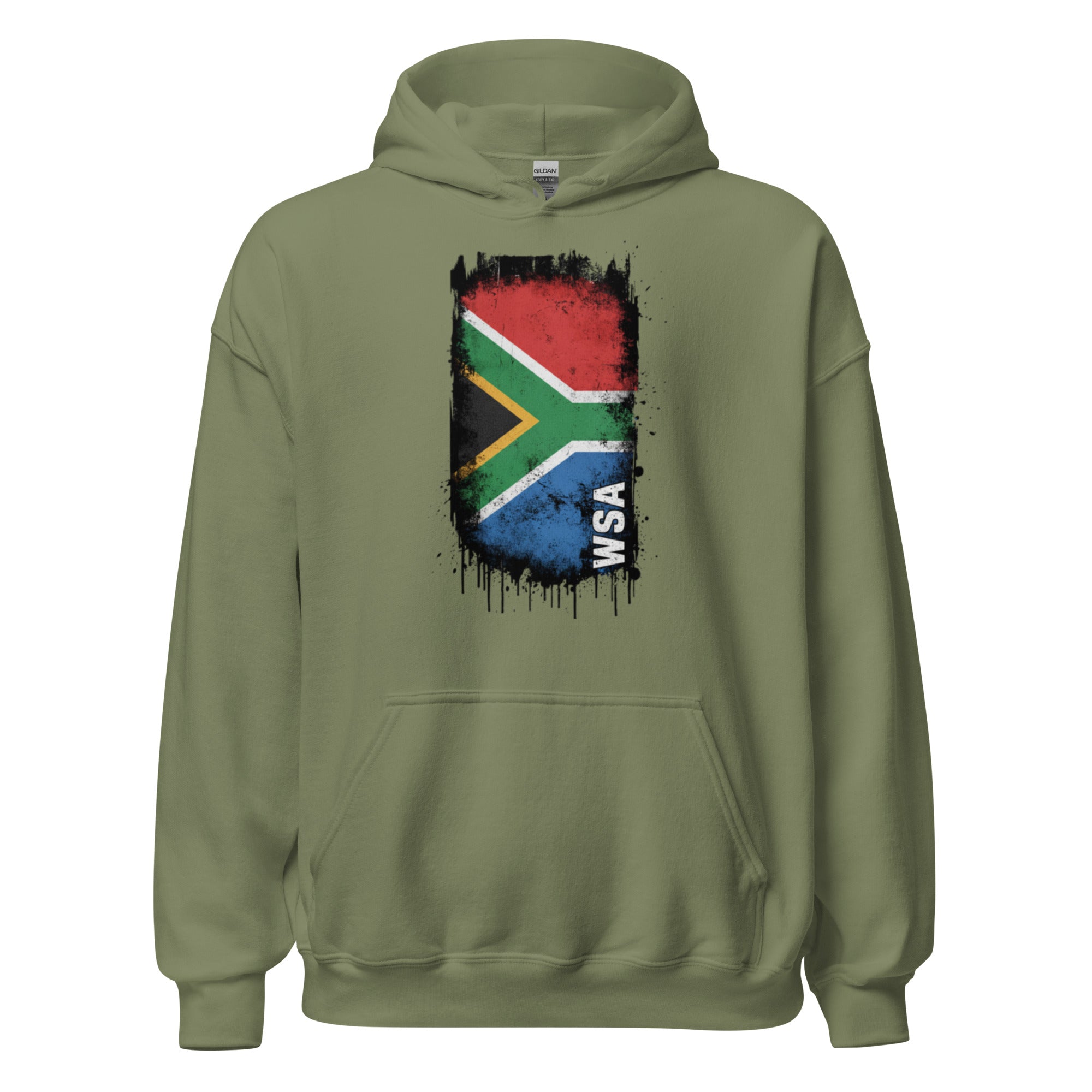 Green hoodie with South African flag design on a white background