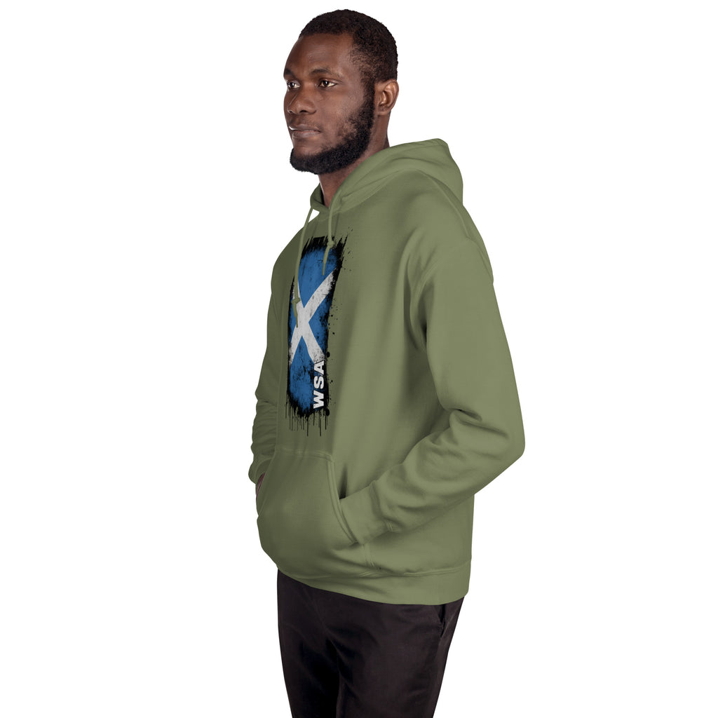 Man wearing a green hoodie with a graphic design on a white background