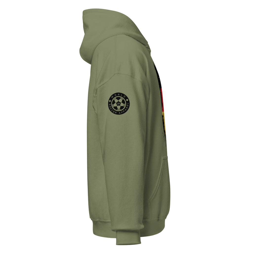 Green hoodie with a logo on the sleeve against a white background
