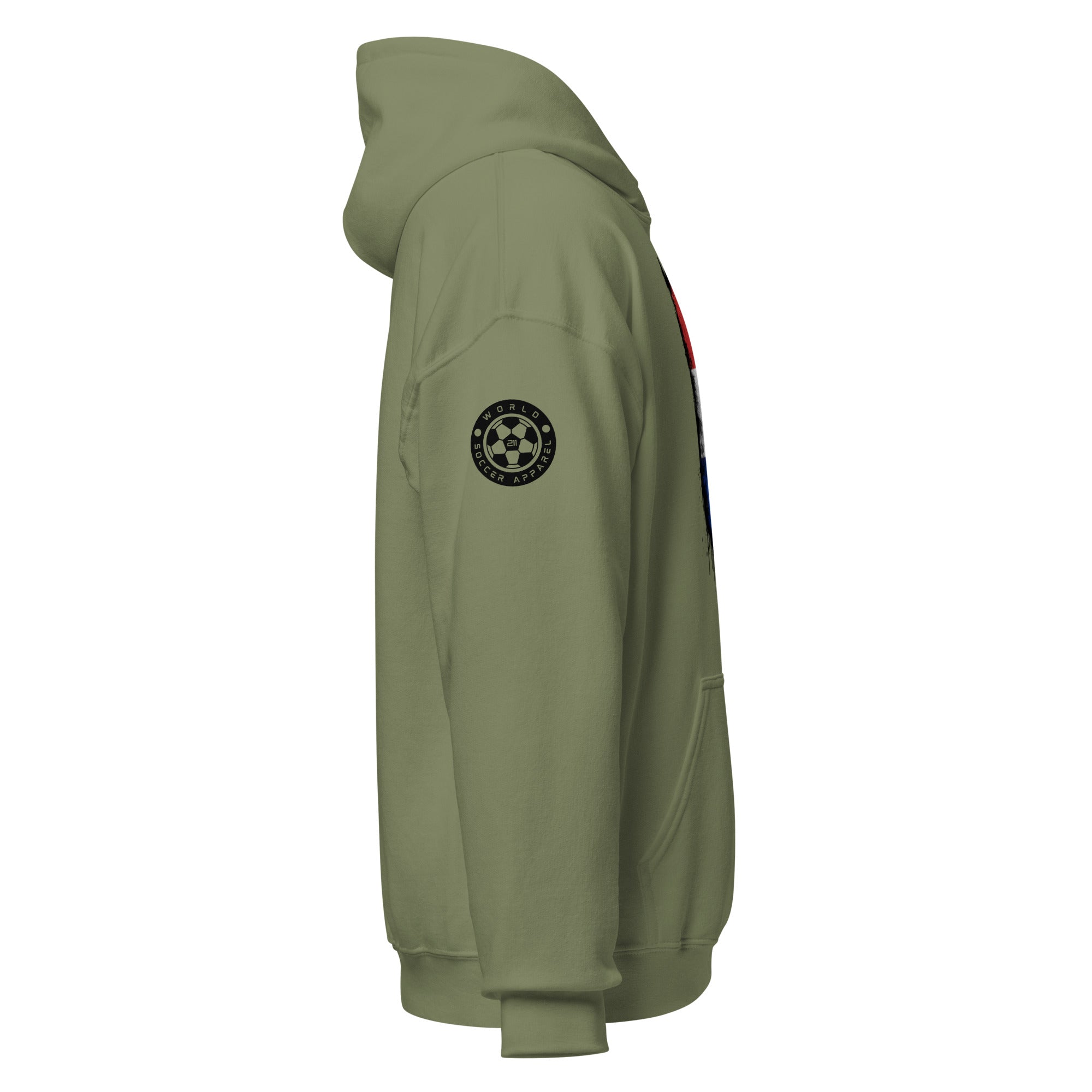 Green hoodie with a logo on the sleeve against a white background