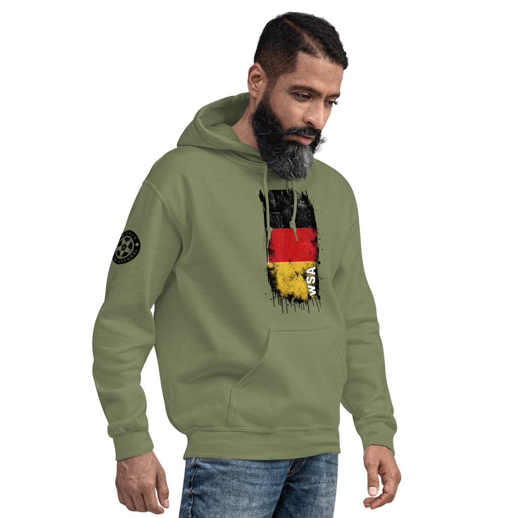 Man wearing a green hoodie with a graphic design on a white background