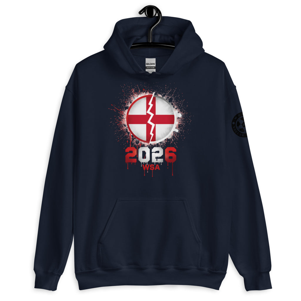 Navy blue hoodie with a red and white graphic design on a white background
