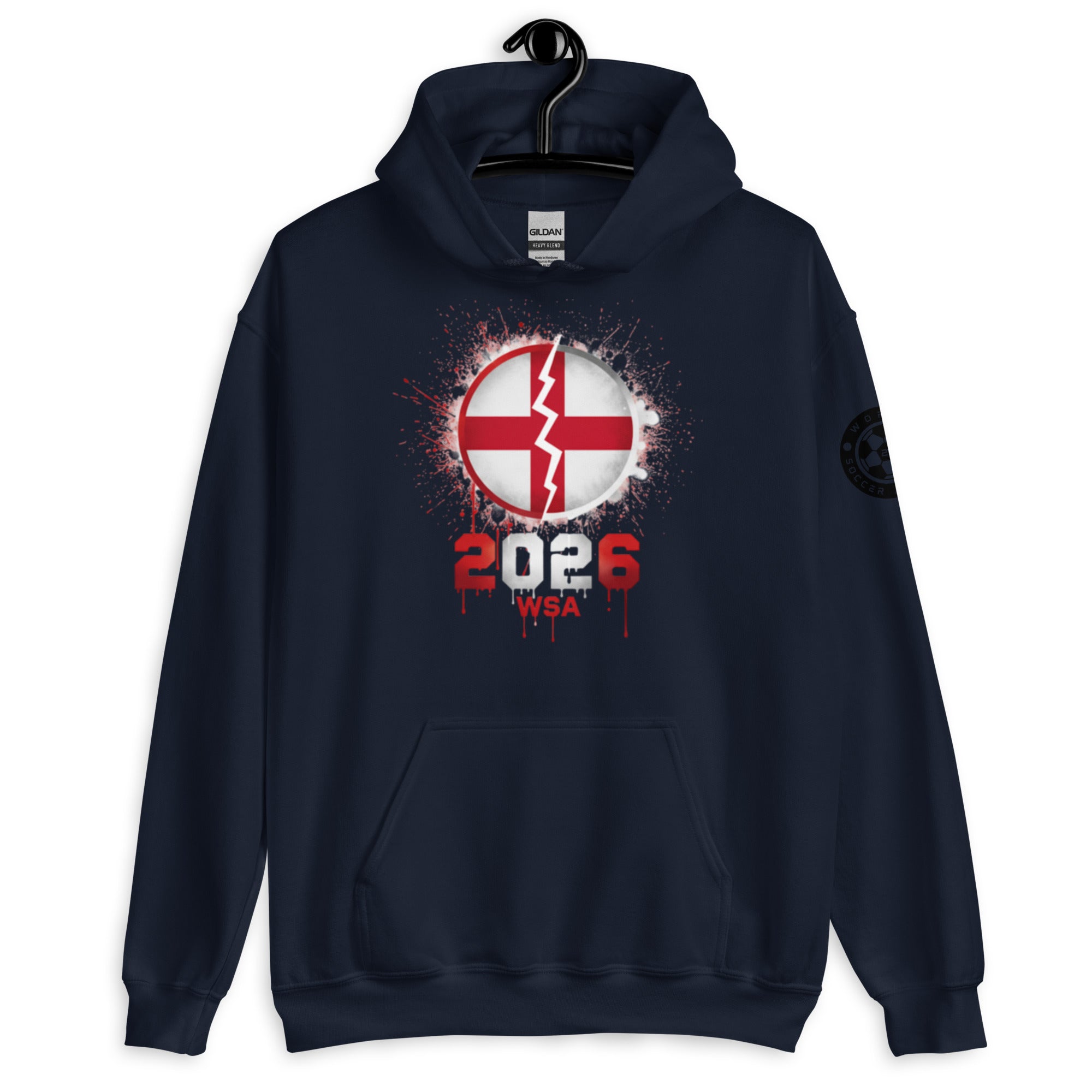 Navy blue hoodie with a red and white graphic design on a white background