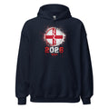 Navy blue hoodie with a red and white graphic design on a white background