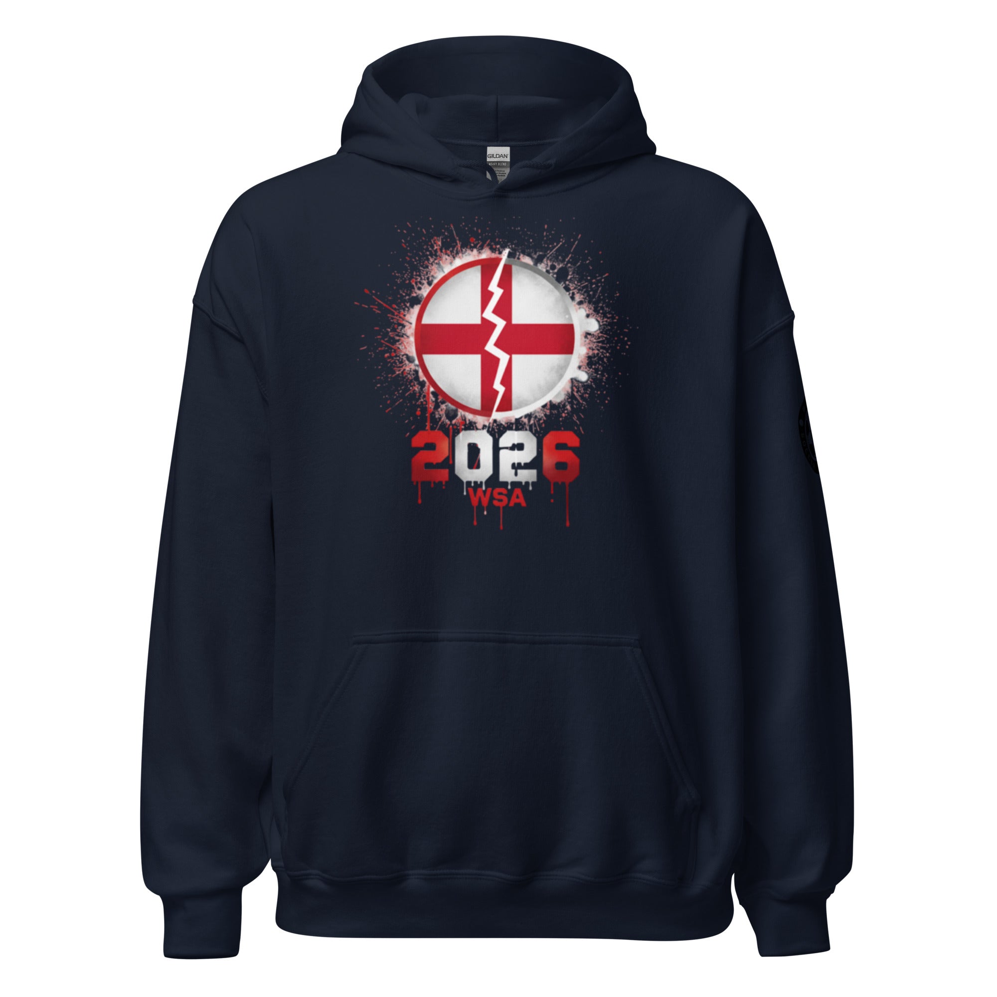 Navy blue hoodie with a red and white graphic design on a white background