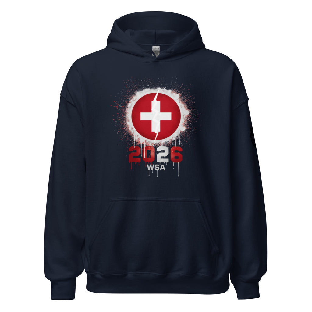 Navy blue hoodie with a red and white graphic design on a white background