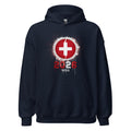 Navy blue hoodie with a red and white graphic design on a white background