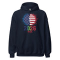 Navy hoodie with American flag design and '2026 WSA' text on a white background