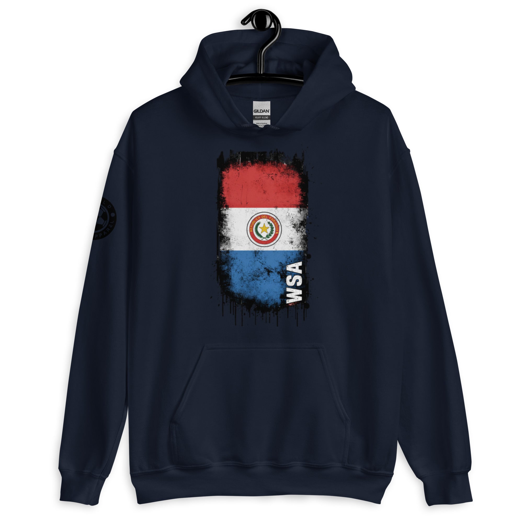 Navy blue hoodie with a flag design on a white background