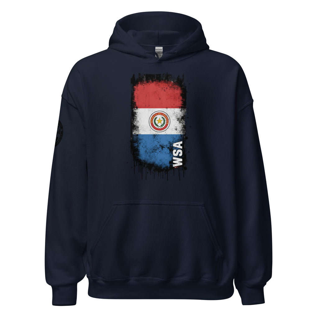 Navy blue hoodie with a graphic design on a white background