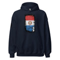 Navy blue hoodie with a graphic design on a white background