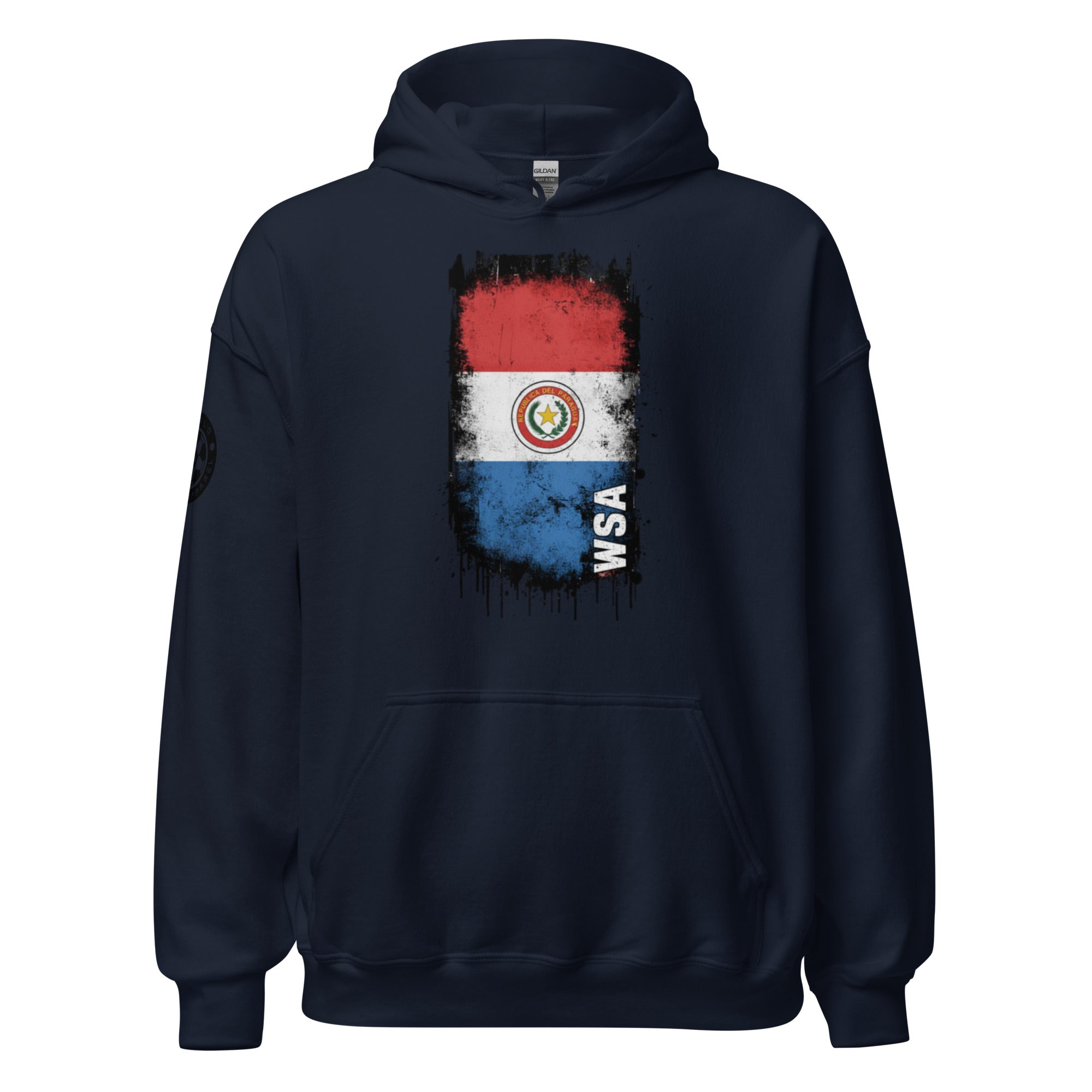 Navy blue hoodie with a graphic design on a white background