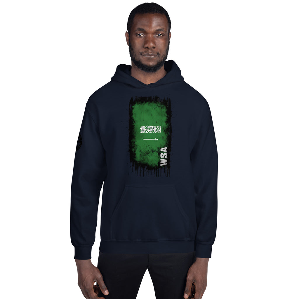 Person wearing a navy blue hoodie with a green and black graphic design on a white background