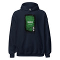 Navy blue hoodie with a green and black graphic on a white background