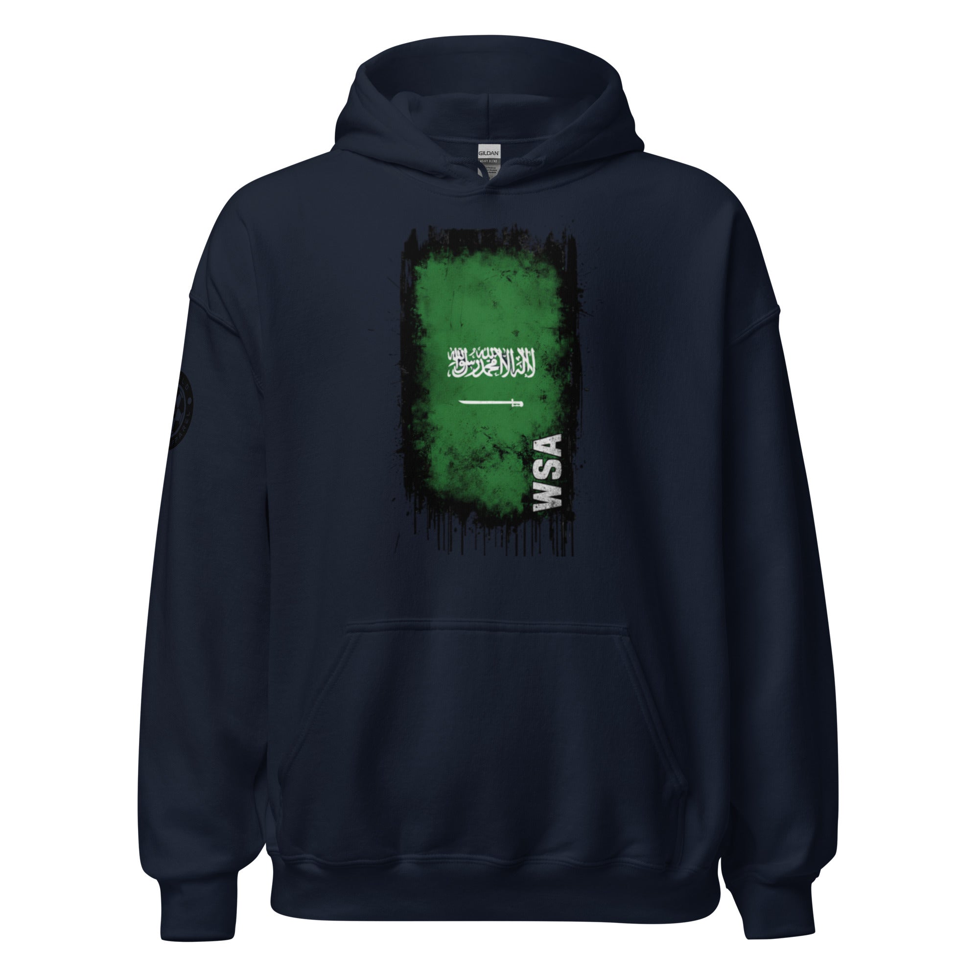 Navy blue hoodie with a green and black graphic on a white background