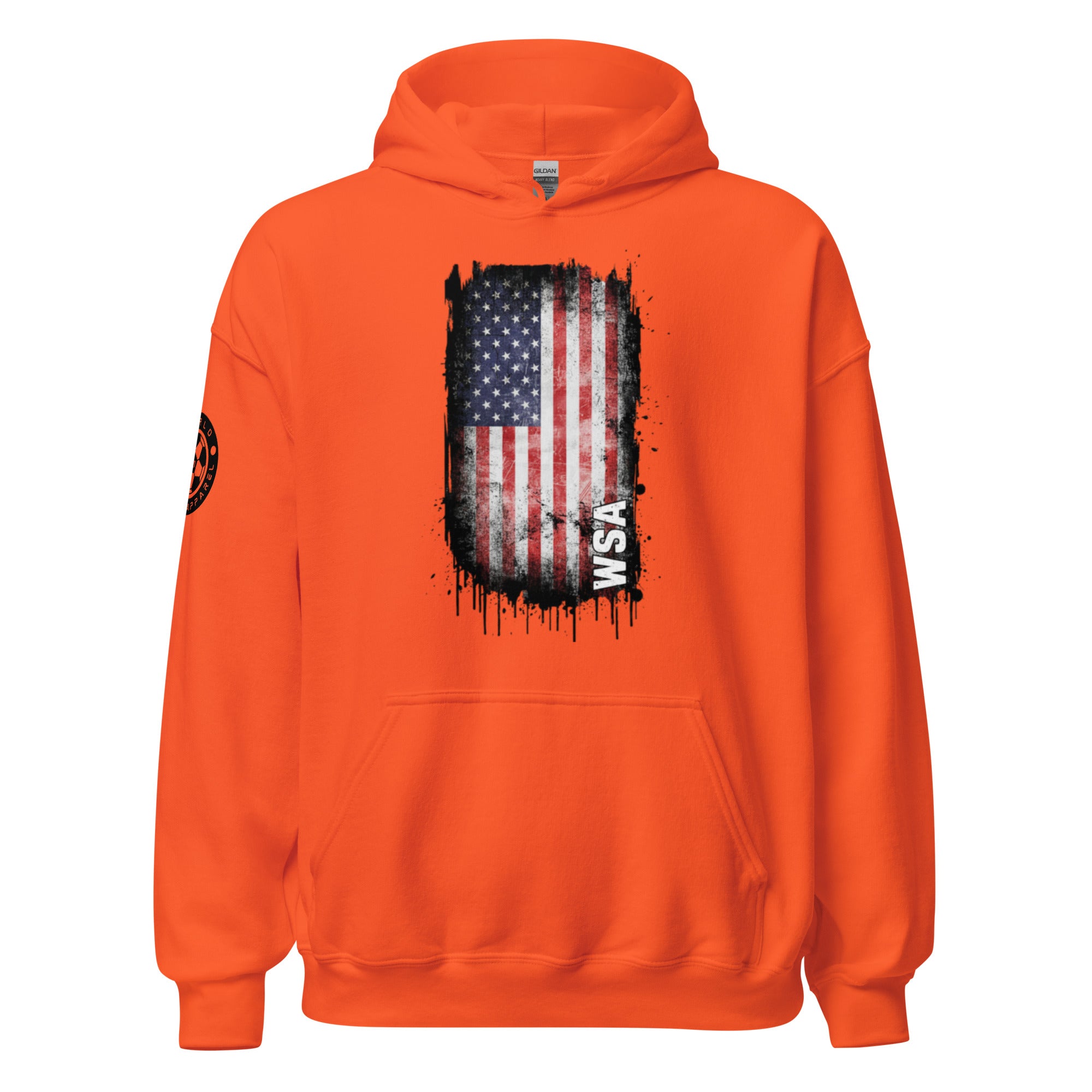 Orange hoodie with American flag design on the back against a white background