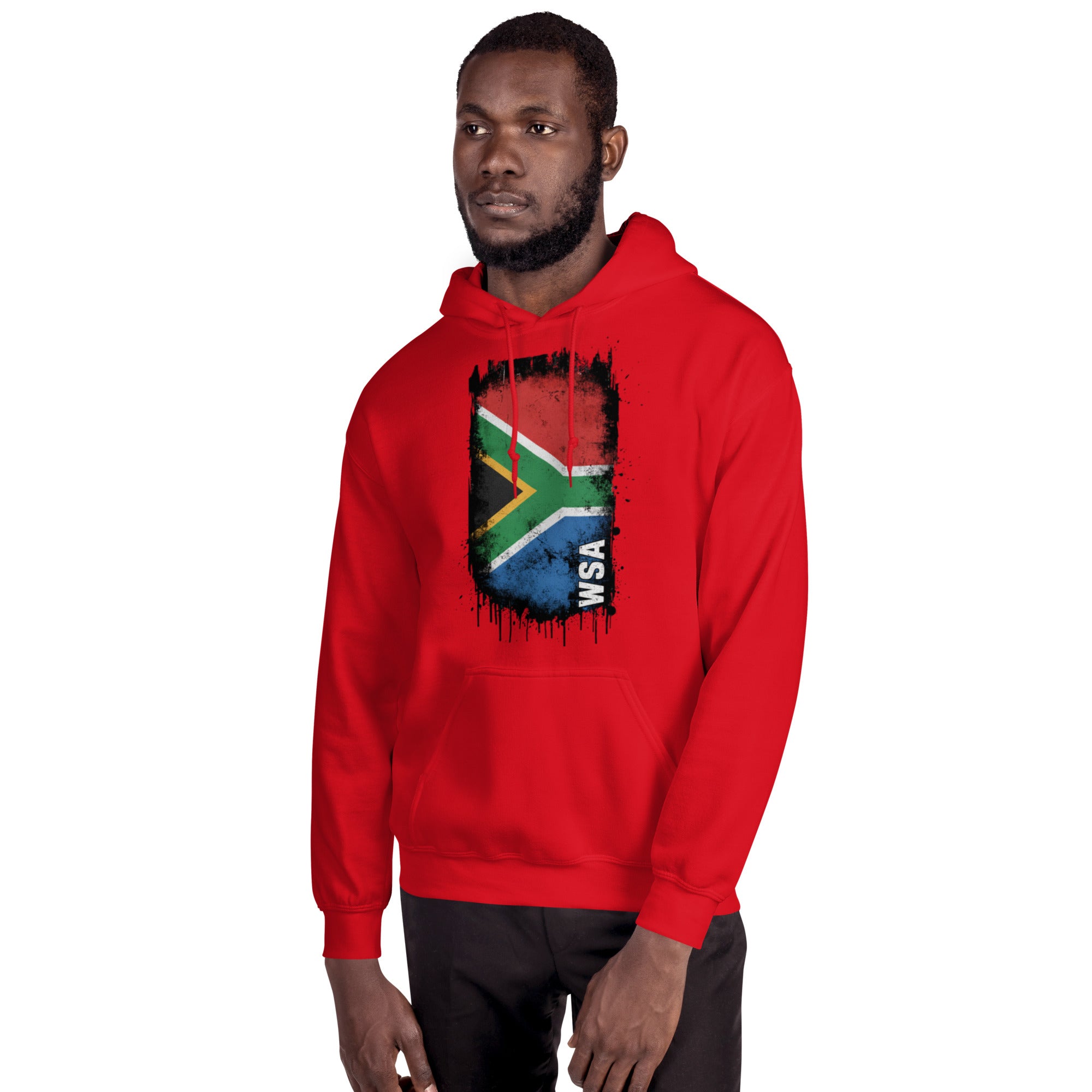 Person wearing a red hoodie with a flag design on a white background