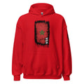Red hoodie with a graphic design on the chest against a white background