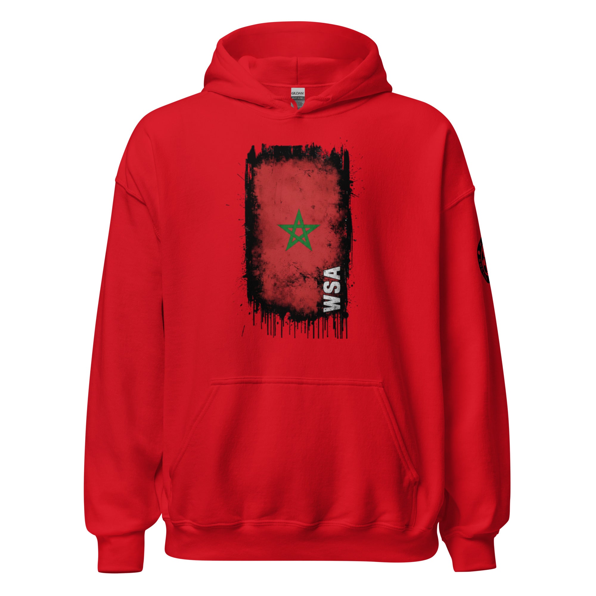 Red hoodie with a graphic design on the chest against a white background
