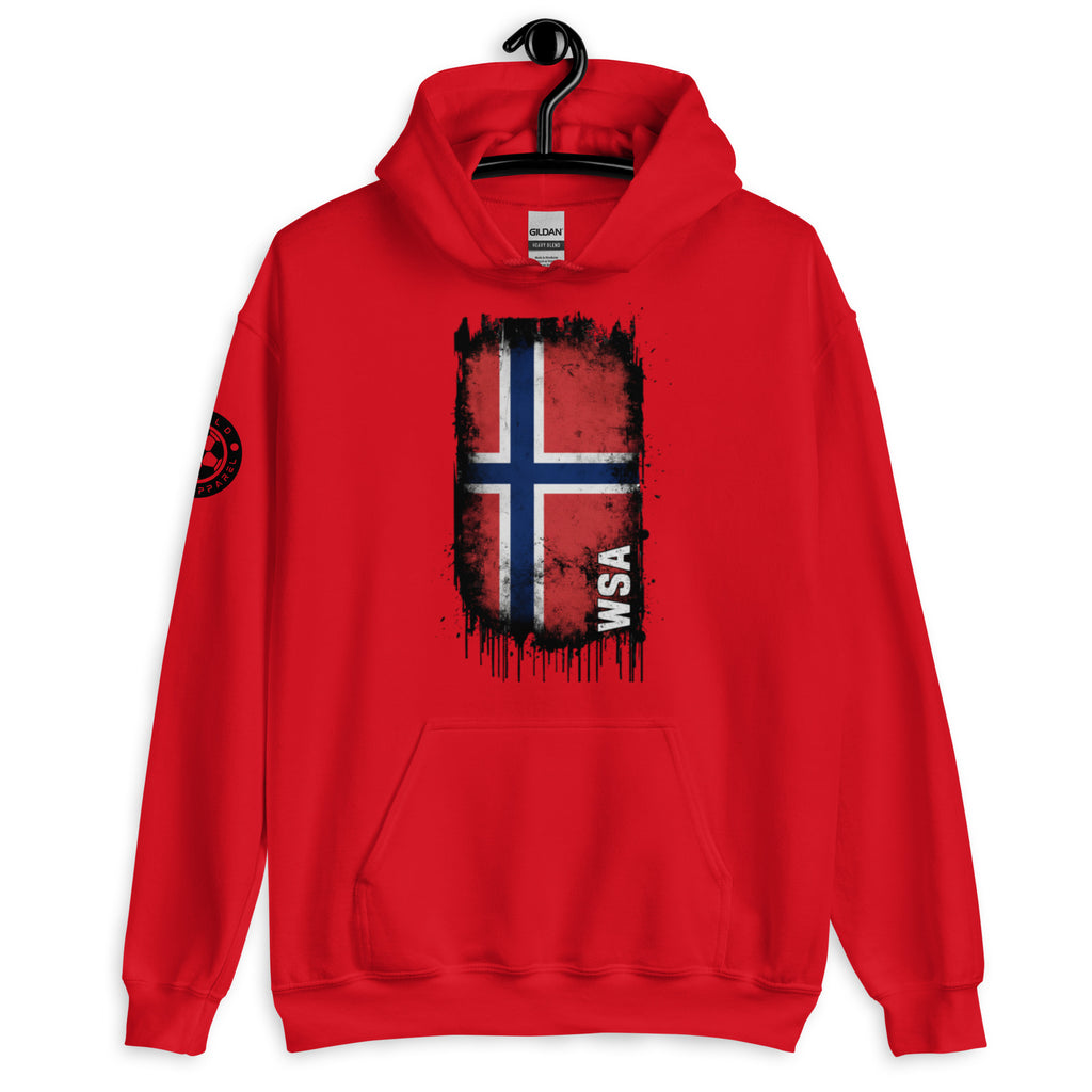 Red hoodie with a flag design and 'WSA' text on a white background