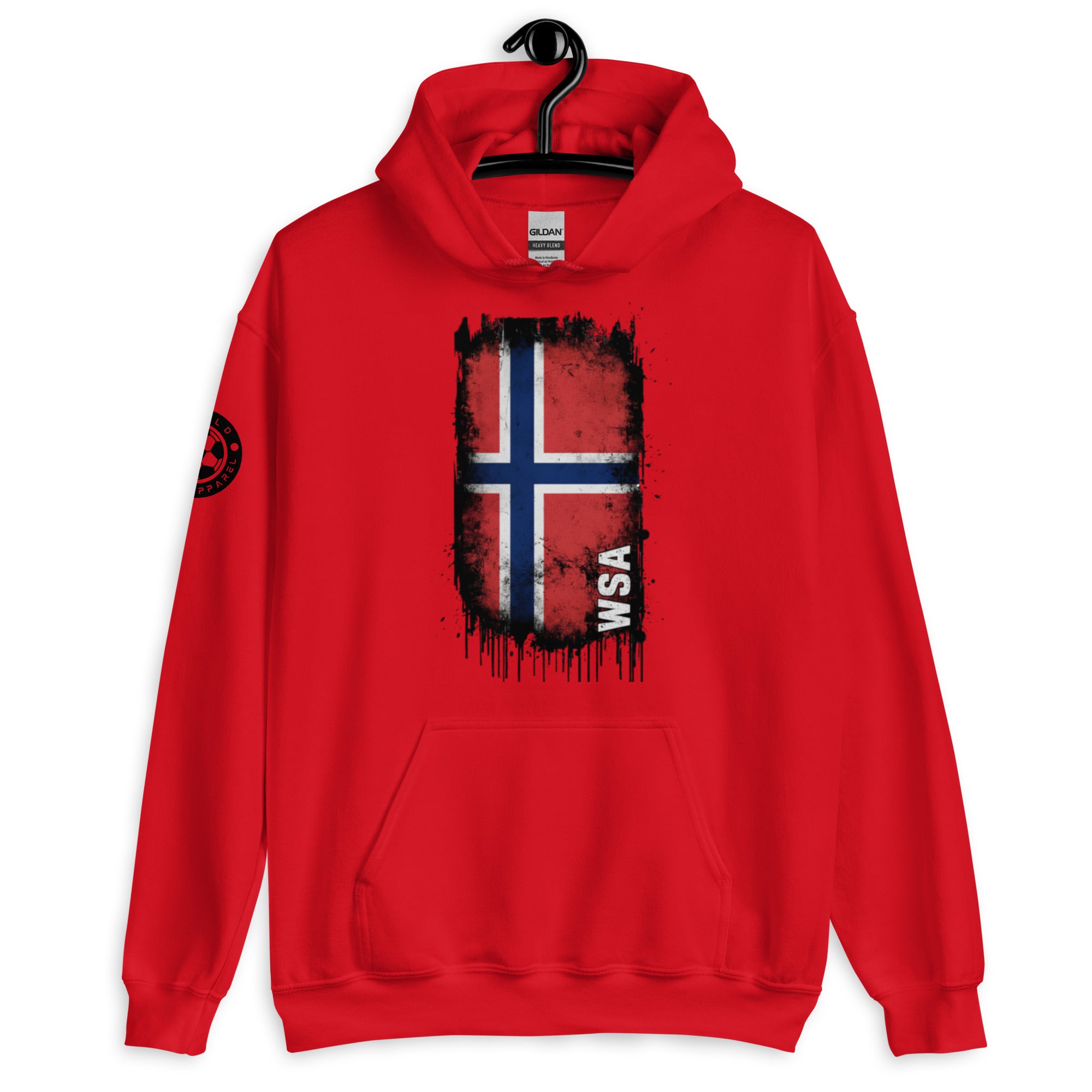 Red hoodie with a flag design and 'WSA' text on a white background