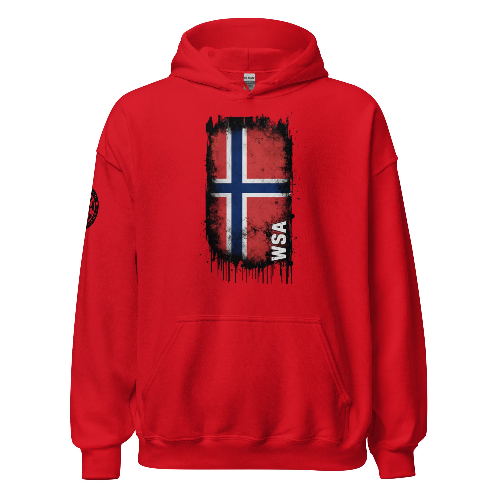 Red hoodie with a flag design and 'WSA' text on a white background
