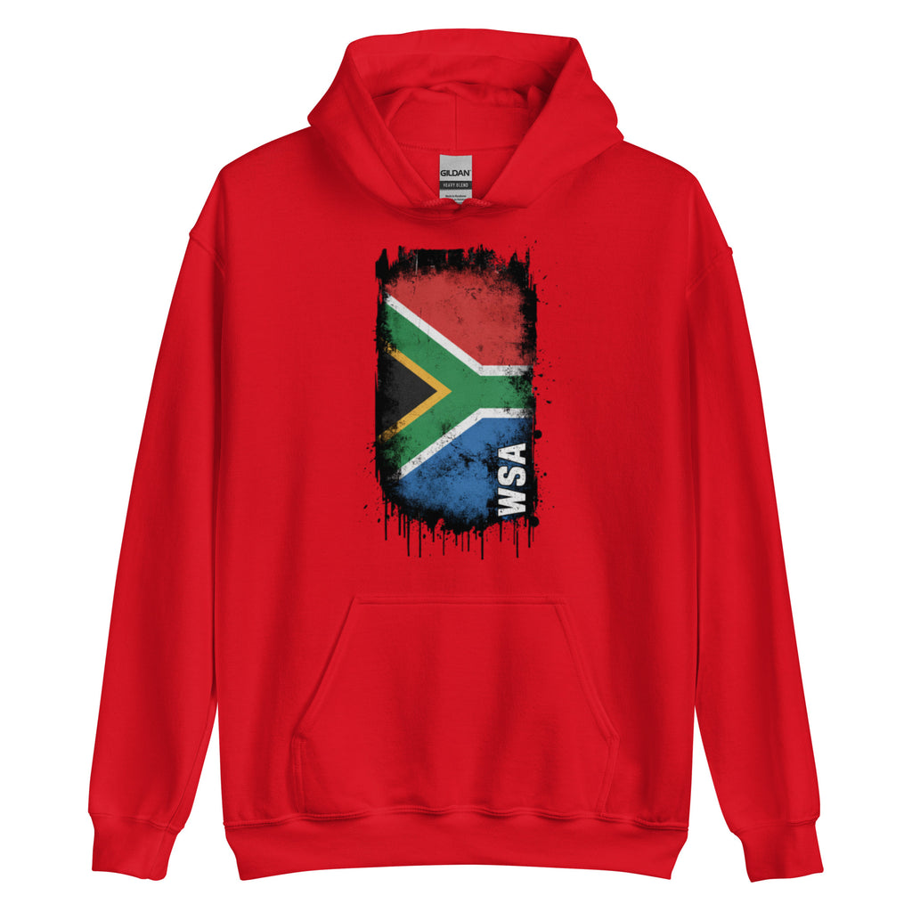 Red hoodie with South African flag design on a white background