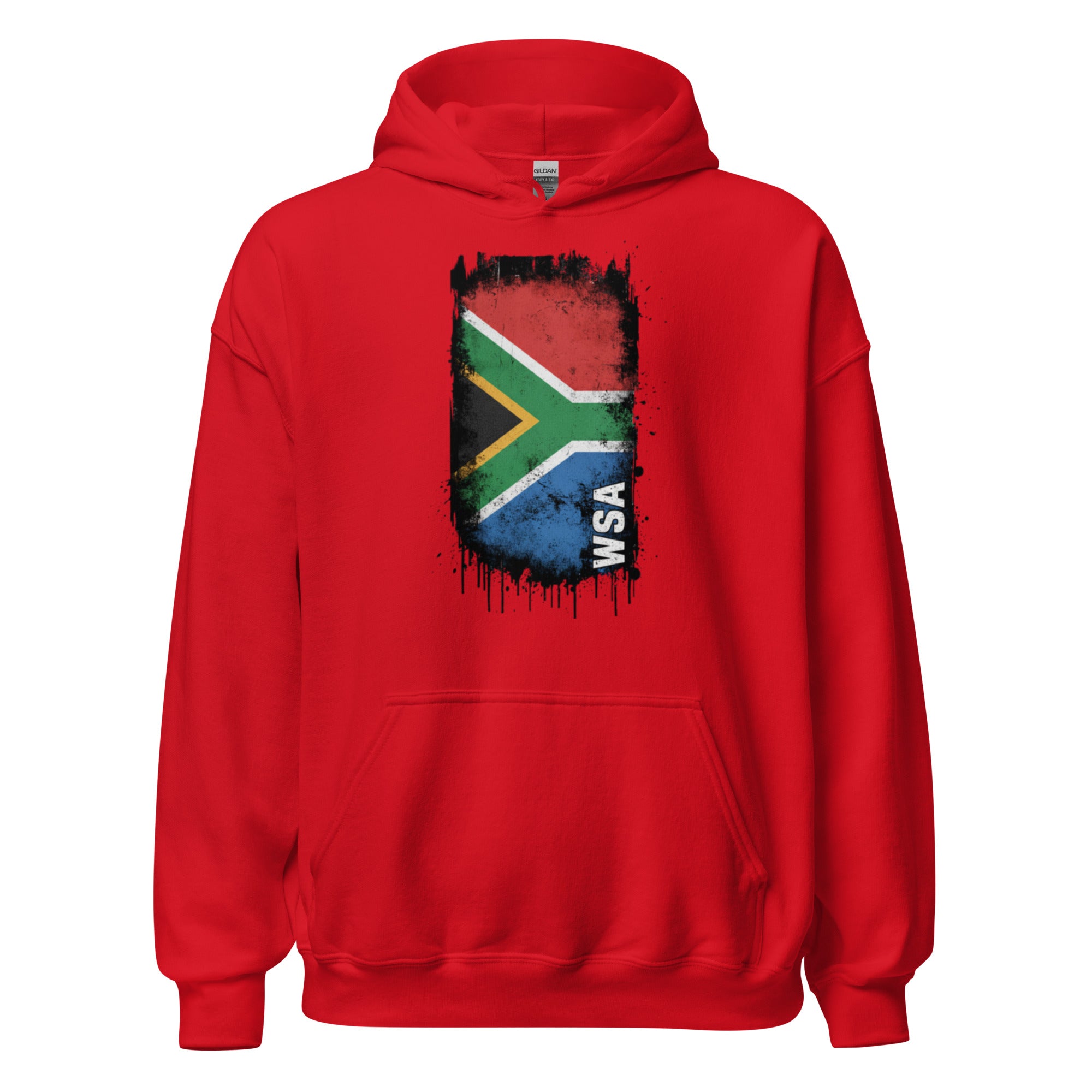 Red hoodie with South African flag design on a white background
